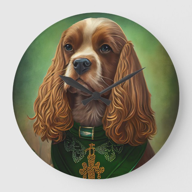 Cocker Spaniel Dog in St. Patrick's Day Dress Large Clock (Front)