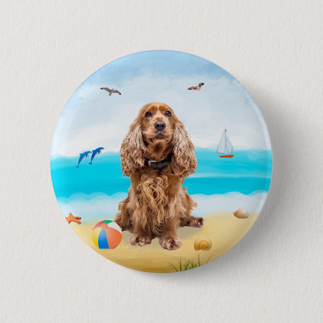 Cocker Spaniel Dog on Beach Button (Front)