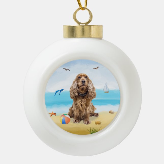 cocker spaniel Dog on Beach  Ceramic Ball Christmas Ornament (Front)
