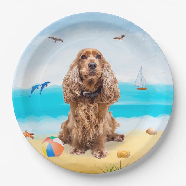 Cocker Spaniel Dog on Beach Paper Plates (Front)