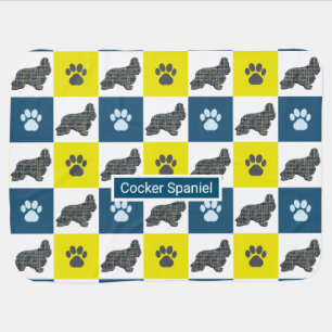 Cocker Spaniel Dog & Paw Y&B Grid Baby Blanket