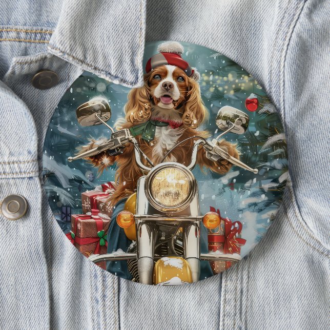 Cocker Spaniel Dog Riding Motorcycle Christmas  Button (In Situ)