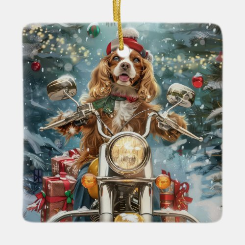 Cocker Spaniel Dog Riding Motorcycle Christmas  Ceramic Ornament