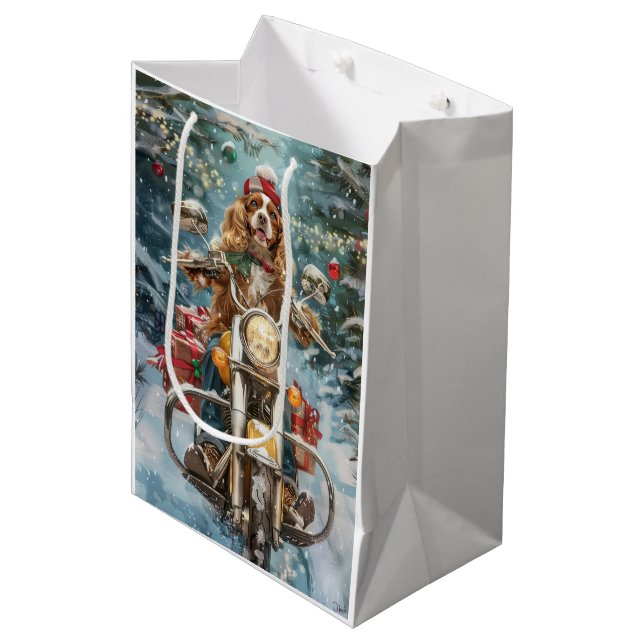 Cocker Spaniel Dog Riding Motorcycle Christmas  Medium Gift Bag (Front Angled)