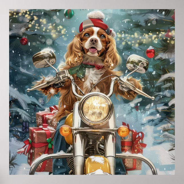 Cocker Spaniel Dog Riding Motorcycle Christmas  Poster (Front)