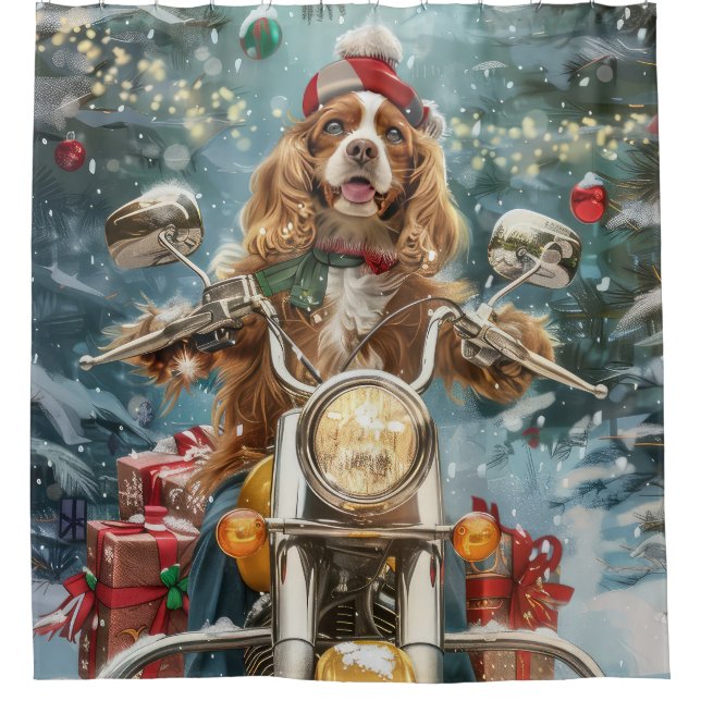 Cocker Spaniel Dog Riding Motorcycle Christmas  Shower Curtain (Front)