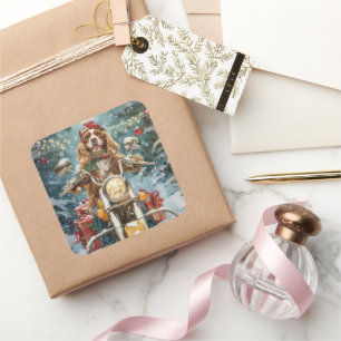 Cocker Spaniel Dog Riding Motorcycle Christmas  Square Sticker