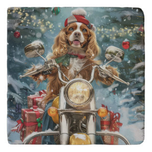 Cocker Spaniel Dog Riding Motorcycle Christmas Trivet