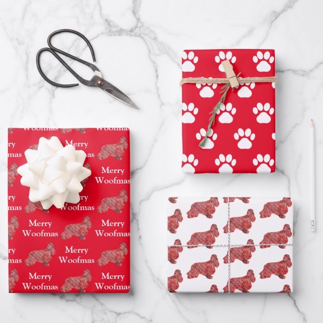 Cocker Spaniel Dog Silhouette Red Merry Woofmas Wrapping Paper Sheets (Front)