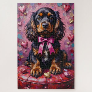Cocker Spaniel Dog Valentine's Day Red Ottoman Jigsaw Puzzle
