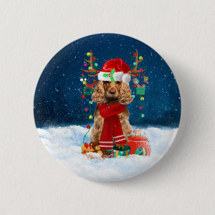 Cocker Spaniel dog with Christmas gifts Button