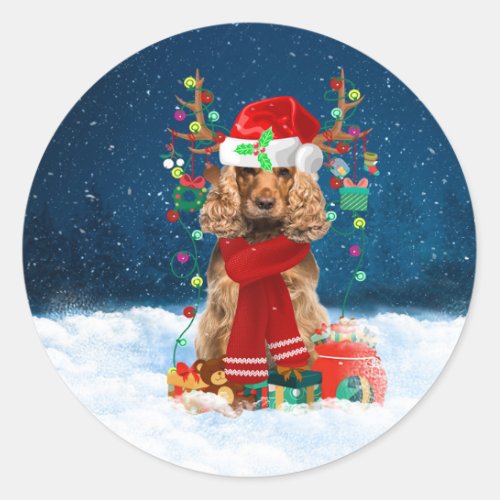 Cocker Spaniel dog with Christmas gifts  Classic Round Sticker
