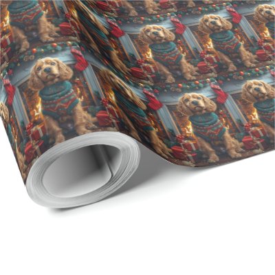 Cocker Spaniel Dog With Christmas Gifts Fireplace Wrapping Paper