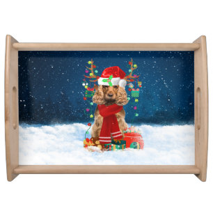 Cocker Spaniel dog with Christmas gifts Serving Tray