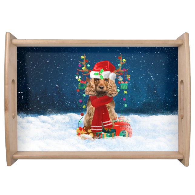 Cocker Spaniel dog with Christmas gifts  Serving Tray (Front)