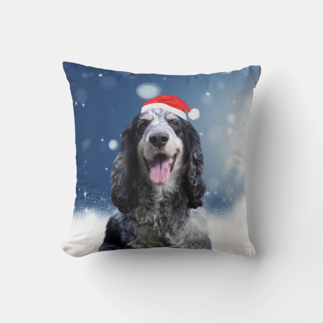 Cocker Spaniel Dog With Christmas Santa Hat Throw Pillow (Front)