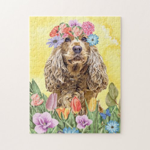 Cocker Spaniel Dog with Flowers Spring Jigsaw Puzzle