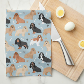 Cocker Spaniel Dogs Bones and Paws Blue Kitchen Towel