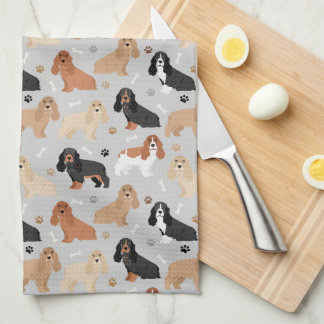 Cocker Spaniel Dogs Bones and Paws Gray Kitchen Towel