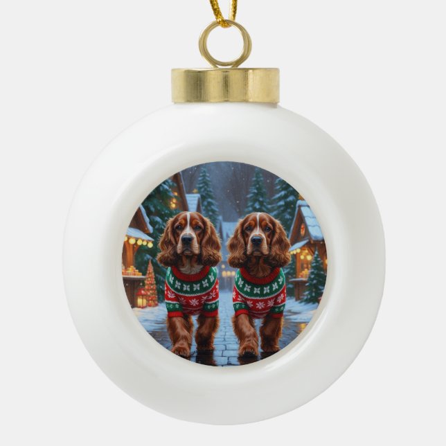 Cocker Spaniel Dogs Christmas Snow Holiday Ceramic Ball Christmas Ornament (Front)