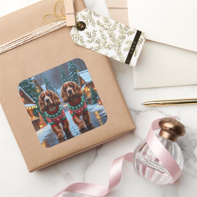 Cocker Spaniel Dogs Christmas Snow Holiday Square Sticker (Gifting)