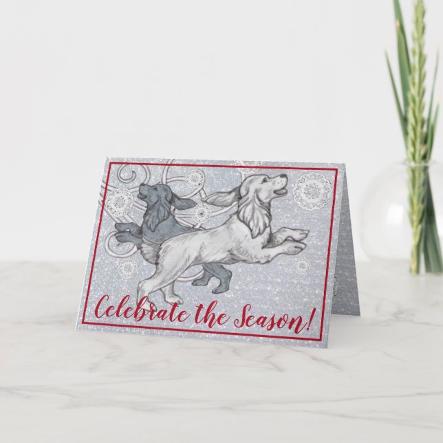 Cocker Spaniel Dogs, Christmas Snowflakes Glitter Holiday Card (Front)