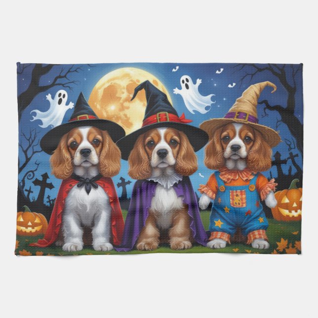 Cocker Spaniel Dogs Pumpkin Halloween Funny Kitchen Towel (Horizontal)