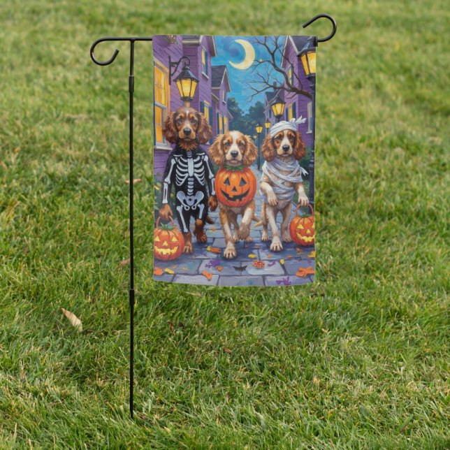 Cocker Spaniel Dogs Trick-or-Treating in Halloween Garden Flag (In SItu)