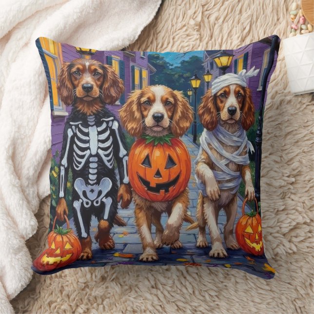Cocker Spaniel Dogs Trick-or-Treating in Halloween Throw Pillow (Blanket)