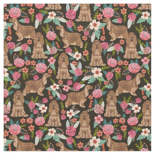 Cocker Spaniel dogs vintage florals black Fabric