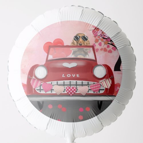 Cocker Spaniel Driving Car with Hearts Valentines Balloon