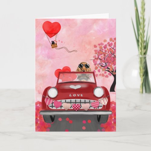 Cocker Spaniel Driving Car with Hearts Valentines Card