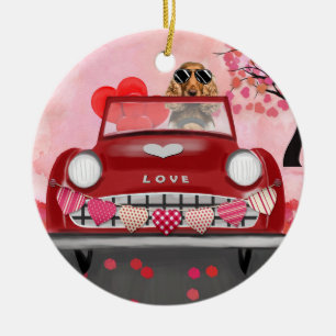 Cocker Spaniel Driving Car with Hearts Valentine's Ceramic Ornament