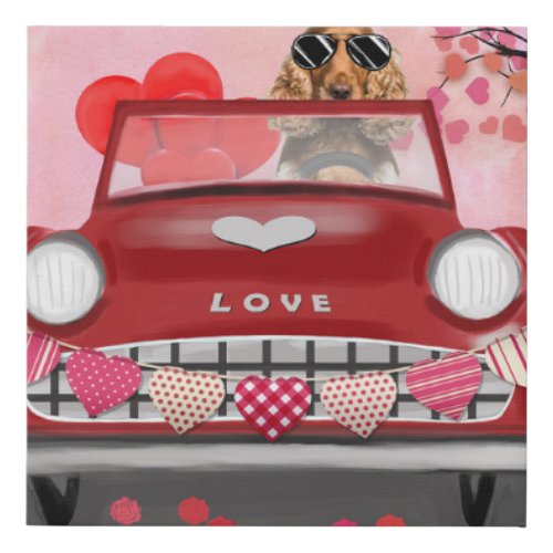 Cocker Spaniel Driving Car with Hearts Valentines Faux Canvas Print