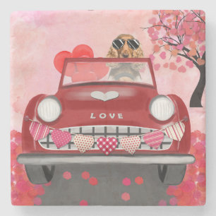 Cocker Spaniel Driving Car with Hearts Valentine's Stone Coaster