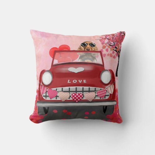 Cocker Spaniel Driving Car with Hearts Valentines Throw Pillow
