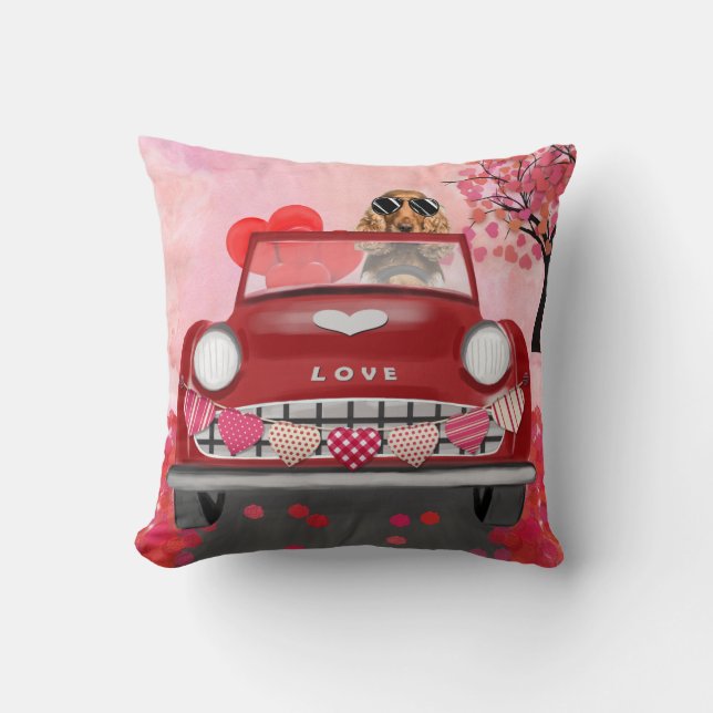 Cocker Spaniel Driving Car with Hearts Valentine's Throw Pillow (Front)