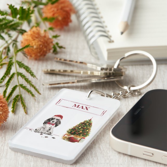Cocker Spaniel Funny Christmas Dog with Tree Keychain (Front Right)