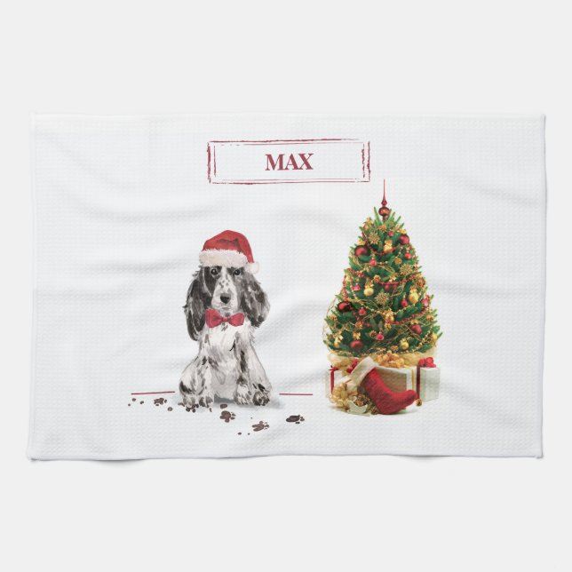 Cocker Spaniel Funny Christmas Dog with Tree Kitchen Towel (Horizontal)