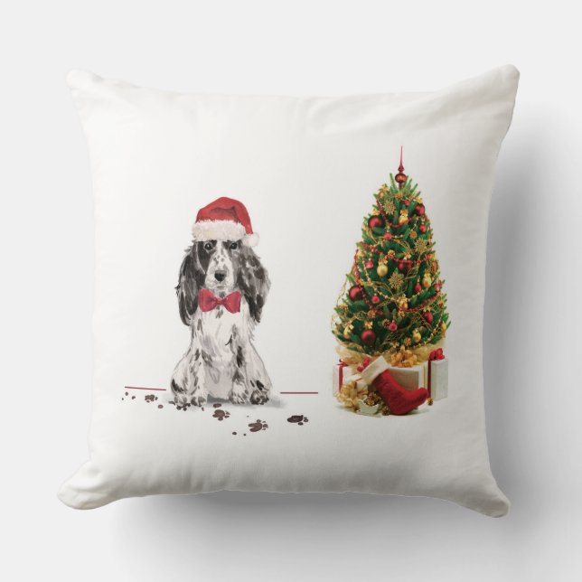 Cocker Spaniel Funny Christmas Dog with Tree Throw Pillow (Front)