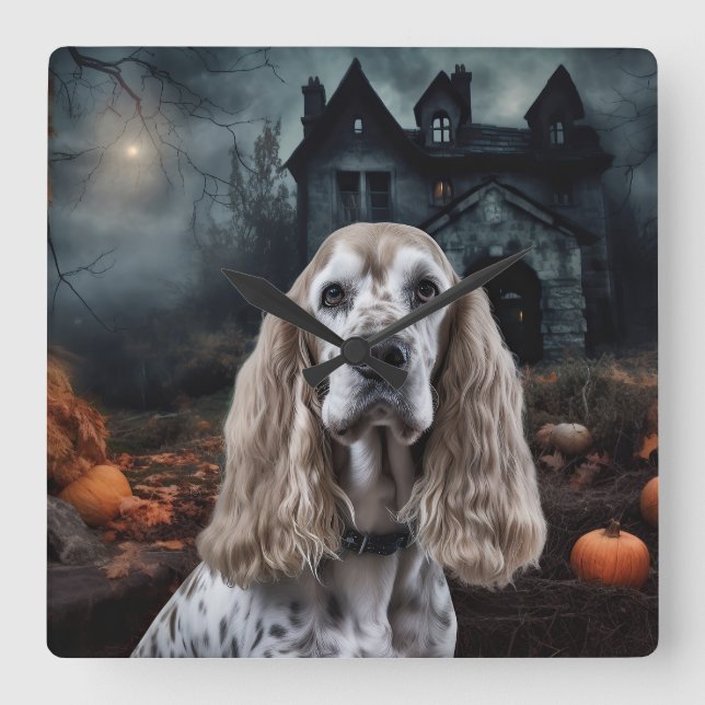 Cocker Spaniel Halloween Scary Square Wall Clock (Front)