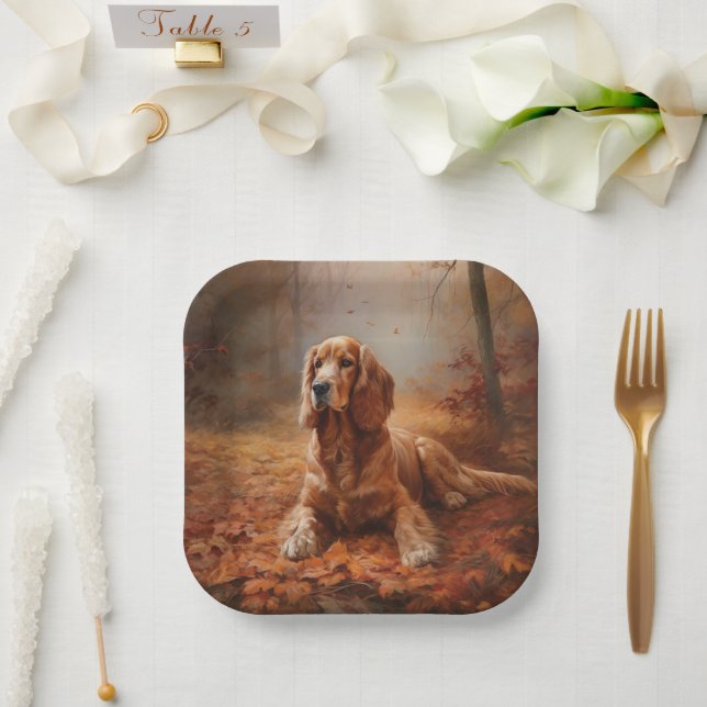 Cocker Spaniel in Autumn Leaves Fall Inspire Paper Plates (Wedding)