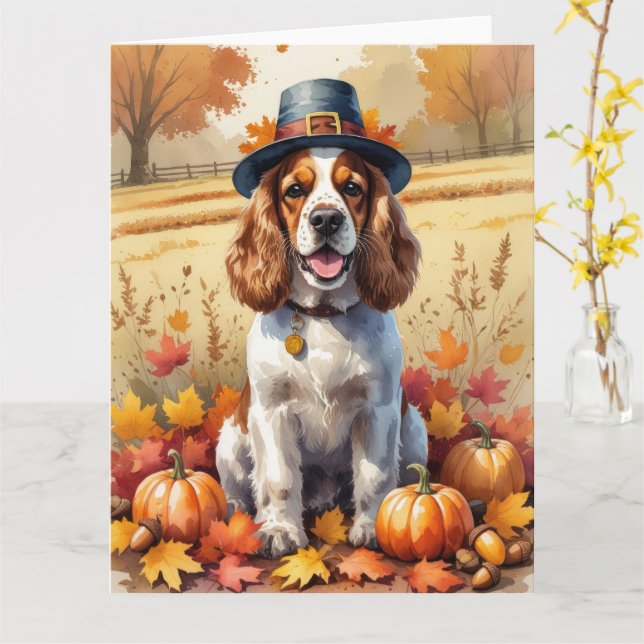 Cocker Spaniel In Autumn Leaves Thanksgiving Art Card (Yellow Flower)