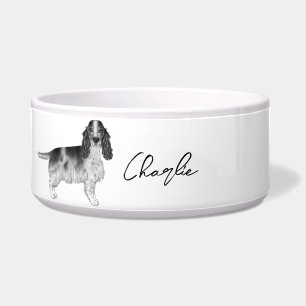 Cocker Spaniel In Black And White & Custom Name Bowl