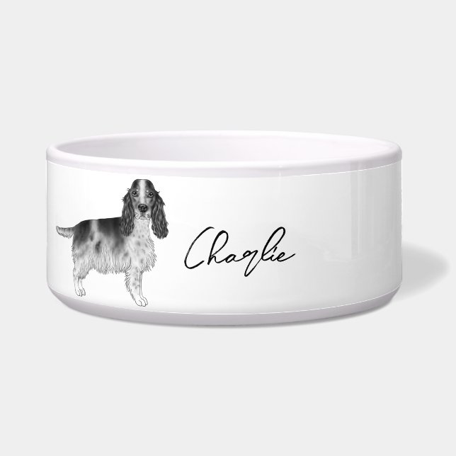 Cocker Spaniel In Black And White & Custom Name Bowl (Front)