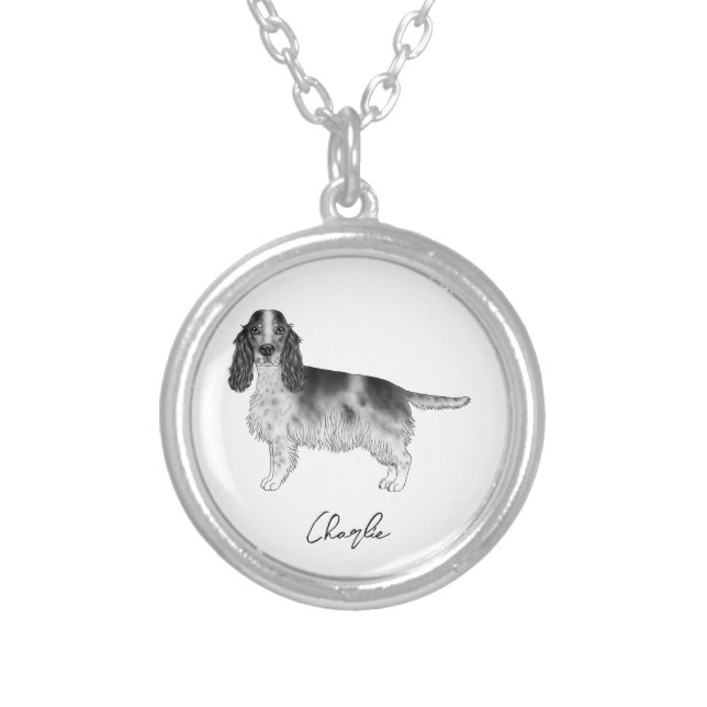 Cocker Spaniel In Black And White & Custom Name Silver Plated Necklace (Front)