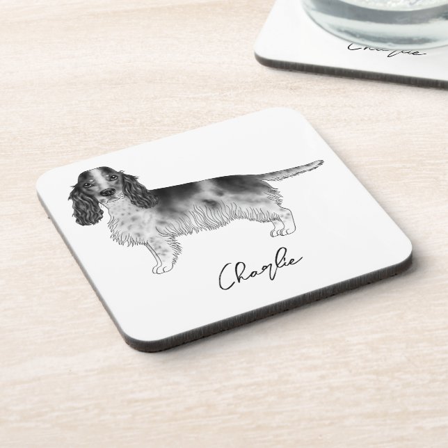 Cocker Spaniel In Black And White & Custom Text Beverage Coaster (Left Side)