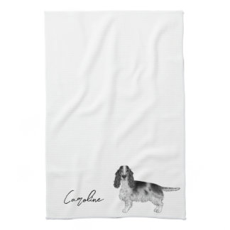 Cocker Spaniel In Black And White & Custom Text Kitchen Towel