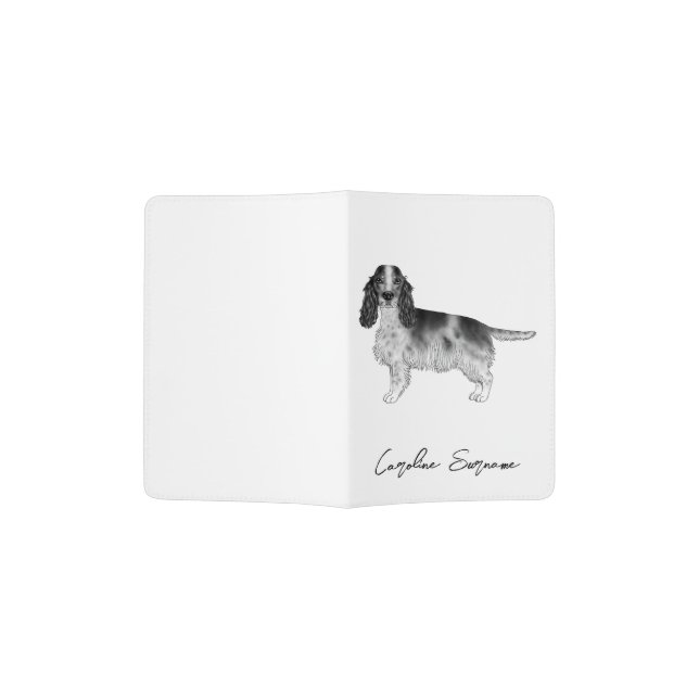 Cocker Spaniel In Black And White & Custom Text Passport Holder (Opened)