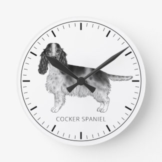 Cocker Spaniel In Black And White & Custom Text Round Clock
